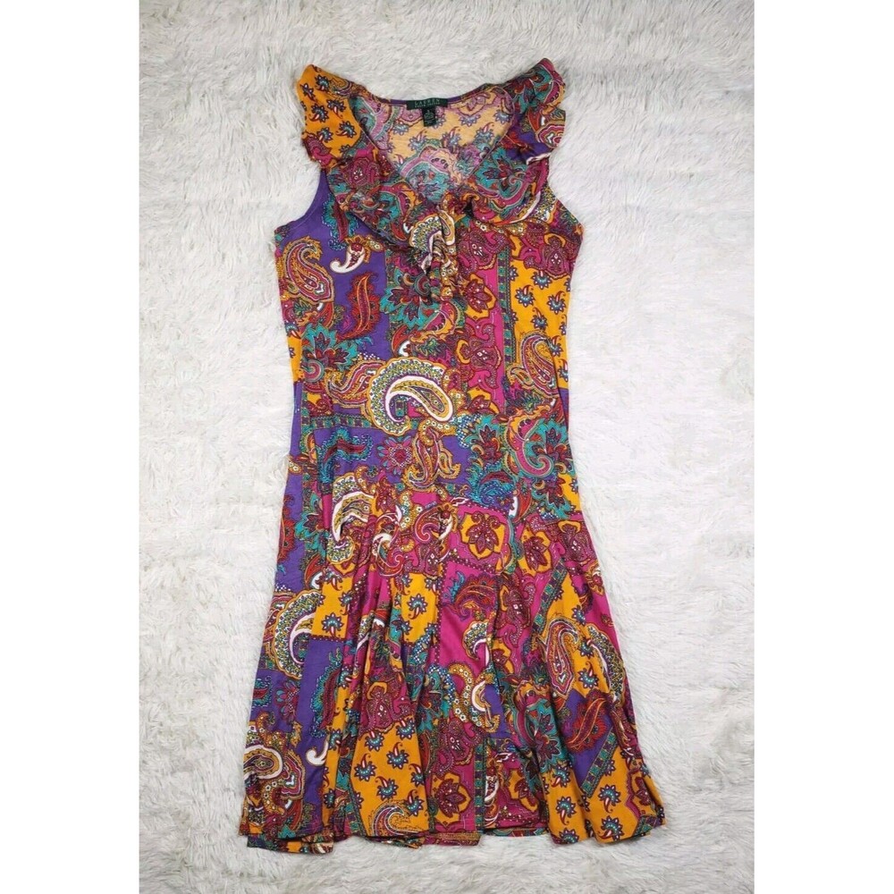 Lauren Ralph Lauren Women’s Dress Midi Paisley Ruffle Neck Stretch Cotton Size S